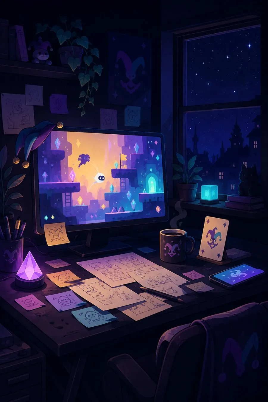 Illustrazione: postazione di uno sviluppatore indie di notte con un monitor illuminato