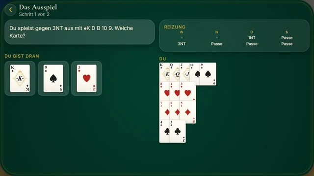 Bridge Royale: Ausspieltraining – deutsche Spieloberfläche