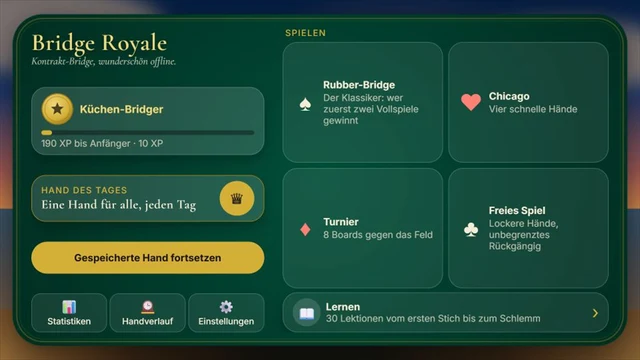 Bridge Royale: Spielmodi im Querformat – deutsche Spieloberfläche