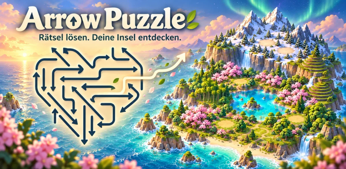 Arrow Puzzle – illustrazione: un puzzle di frecce davanti a un'isola in fiore con montagne e cascate