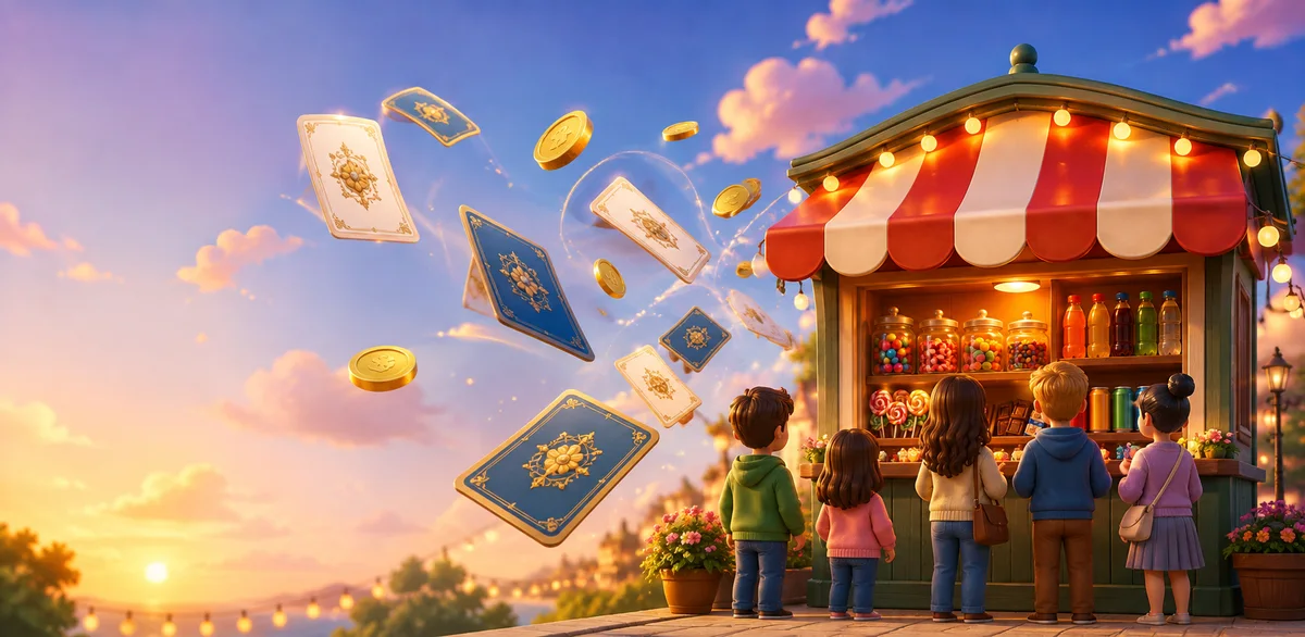 Büdchenbaron – illustrazione: bambini davanti a un chiosco illuminato, con carte jolly e monete in volo