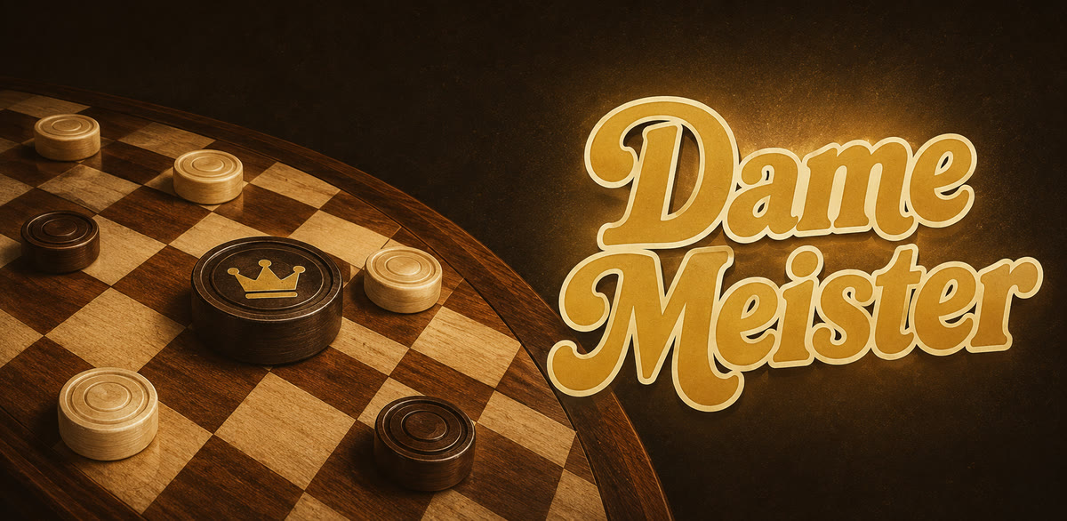 Dame Meister – Artwork: Dame-Brett aus Holz mit Steinen und gekrönter Dame