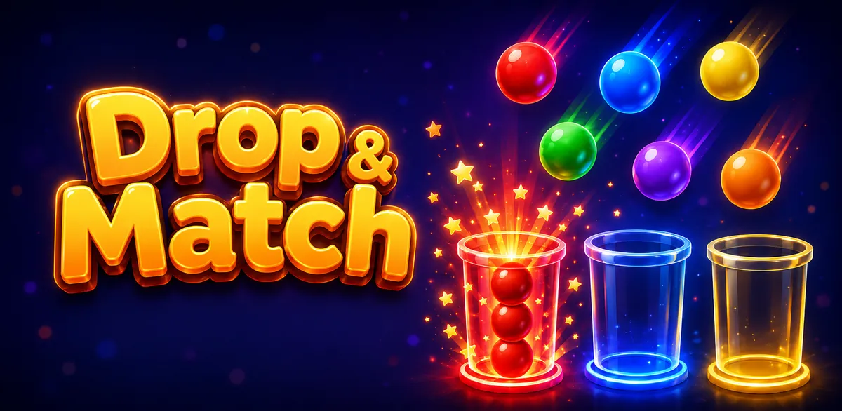 Drop & Match – illustrazione: il logo accanto a palline colorate che cadono in contenitori luminosi