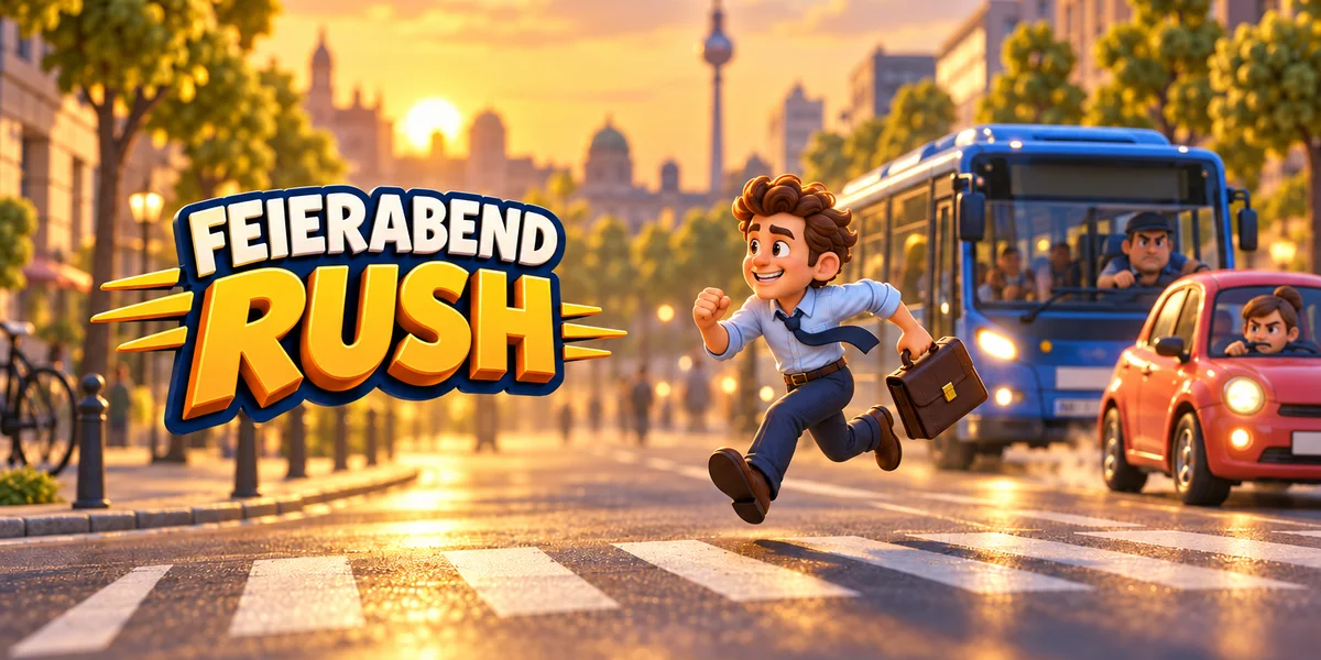 Feierabend Rush – illustrazione: un impiegato che salta nel traffico dell'ora di punta
