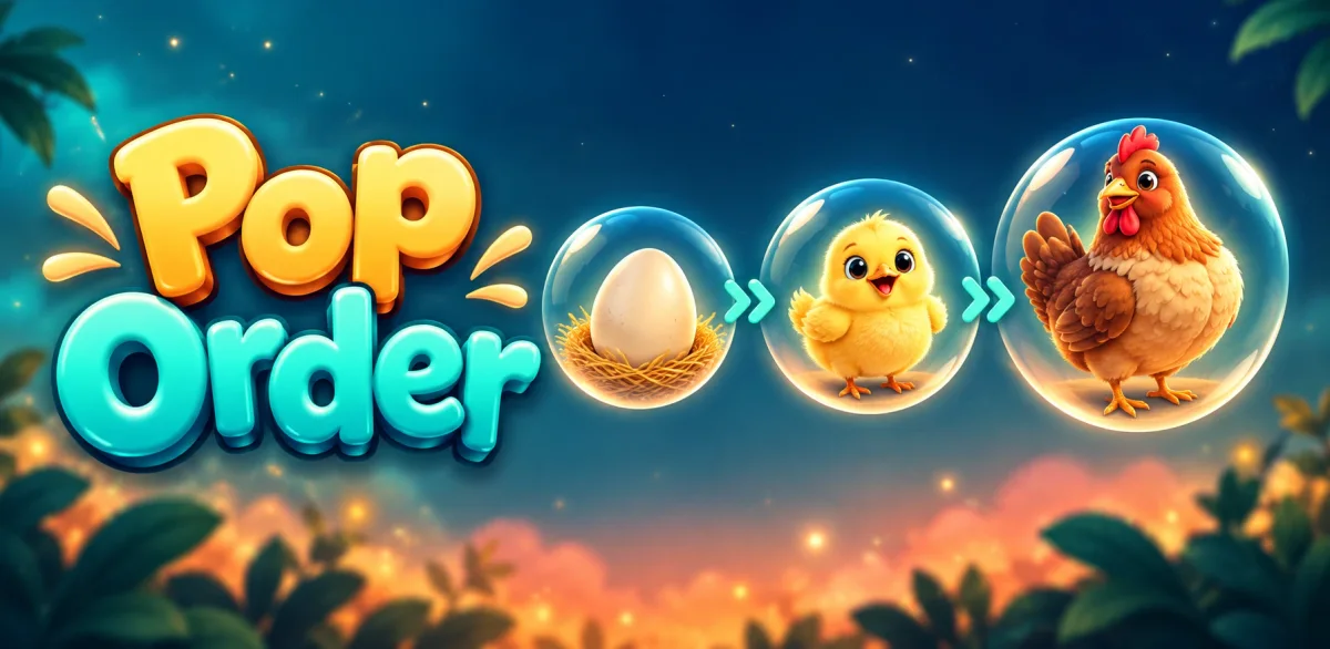 Pop Order – illustrazione: bolle che mostrano in ordine un uovo, un pulcino e una gallina