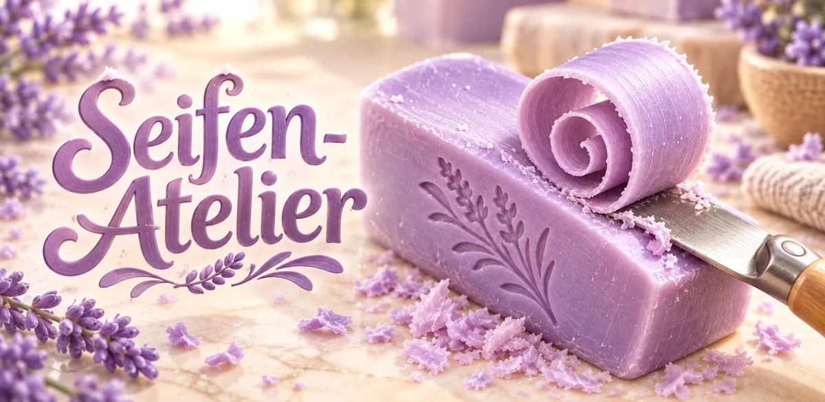 Atelier del Sapone – illustrazione: sapone viola alla lavanda con un ricciolo intagliato, coltello e trucioli
