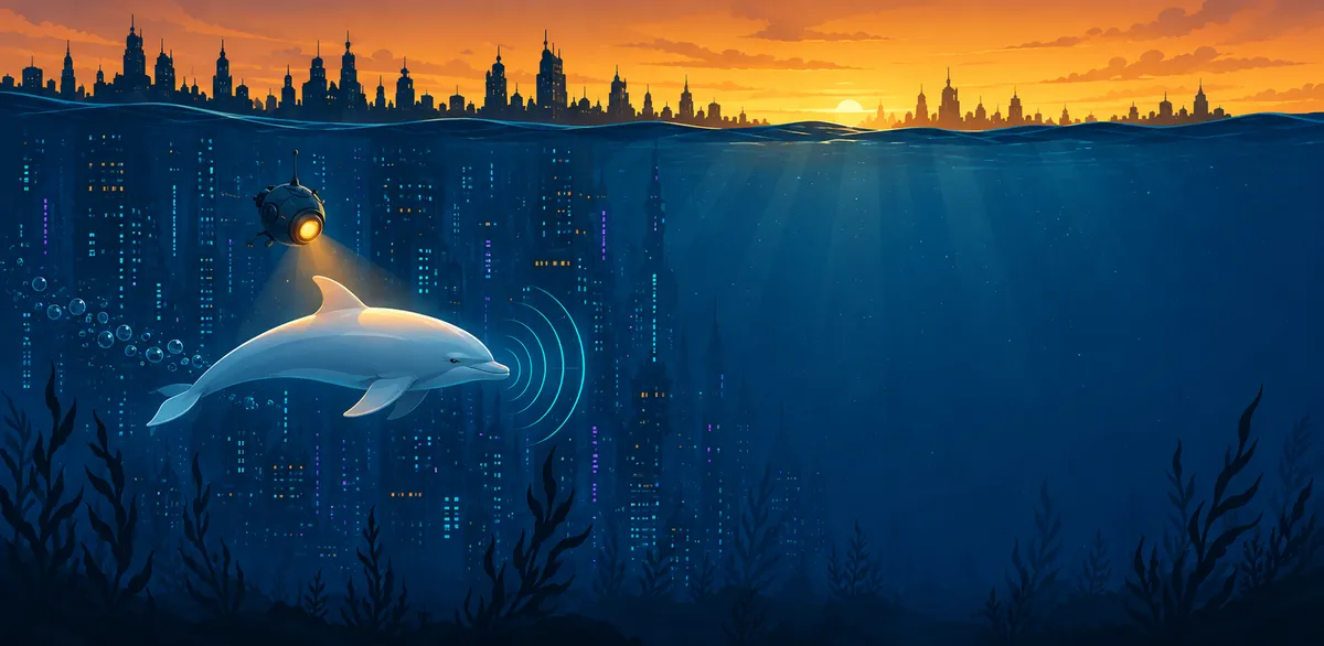 SONARIS – illustrazione: un delfino che emette onde sonar davanti a una città sommersa al tramonto