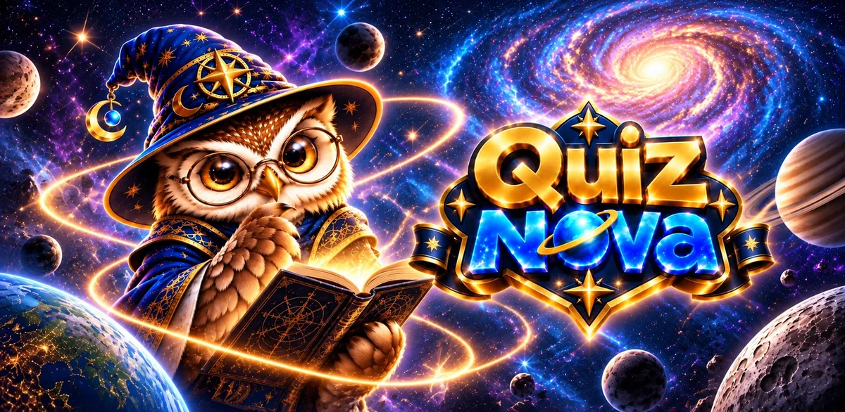 QuizNova – Artwork: Eule als Zauberer mit Buch zwischen Planeten und Galaxien