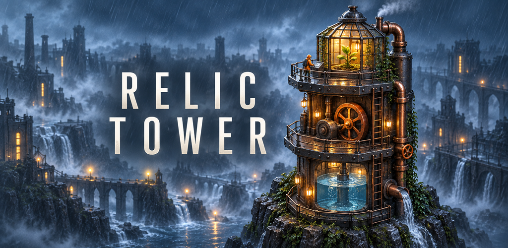 Relic Tower: beleuchteter Regenturm mit Zisterne, Maschinen und Gewächshaus