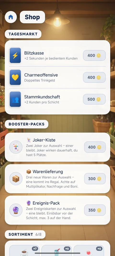 Büdchenbaron – Shop mit Tagesmarkt und Booster-Packs