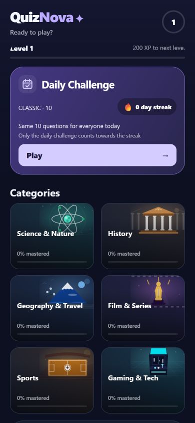 QuizNova: Home: six categories and the daily challenge