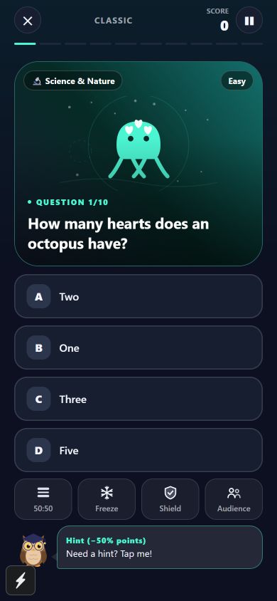QuizNova: Science: How many hearts does an octopus have?
