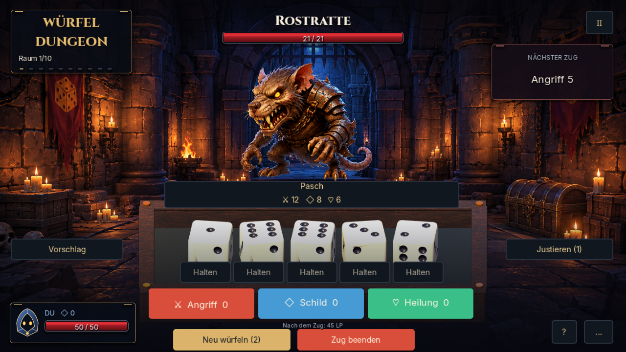 Spielansicht mit Dungeon, Gegner und fünf Würfeln